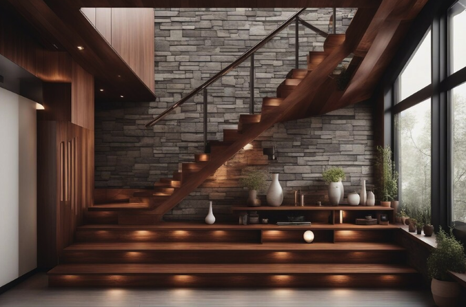 A wooden staircase in a modern home.